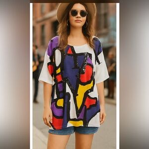 Vintage Marisa Christina II Oversized Graphic Sequin Top 2X Made in Hong Kong